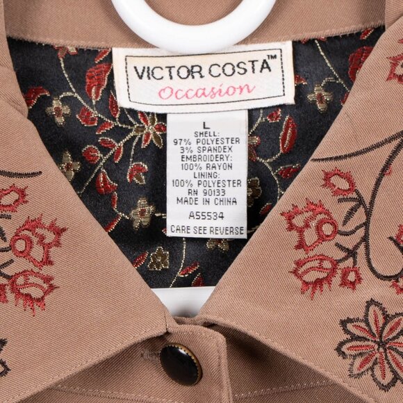Victor Costa Button Up Shirt Jacket L Womens Tan Red Black Floral Embroidery - Picture 5 of 6